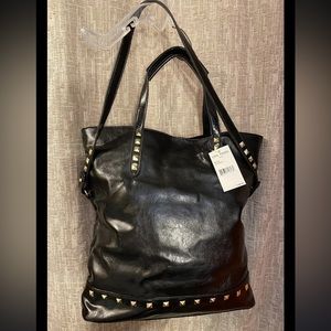 Steve Madden Black Gold Studded Hand Bag Tote Faux Leather Shoulder Retail $108